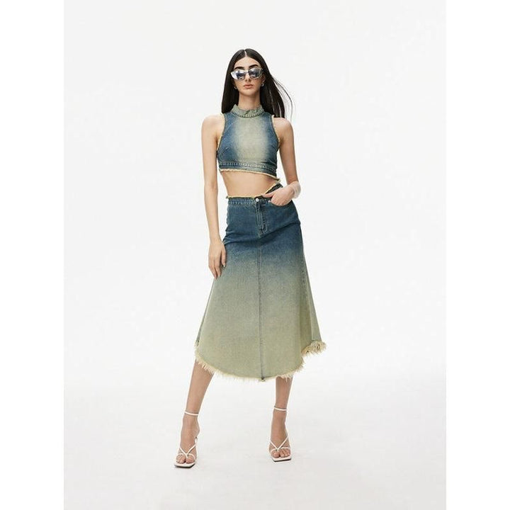 Gradient Blue Asymmetric Denim Grunge Tank Top