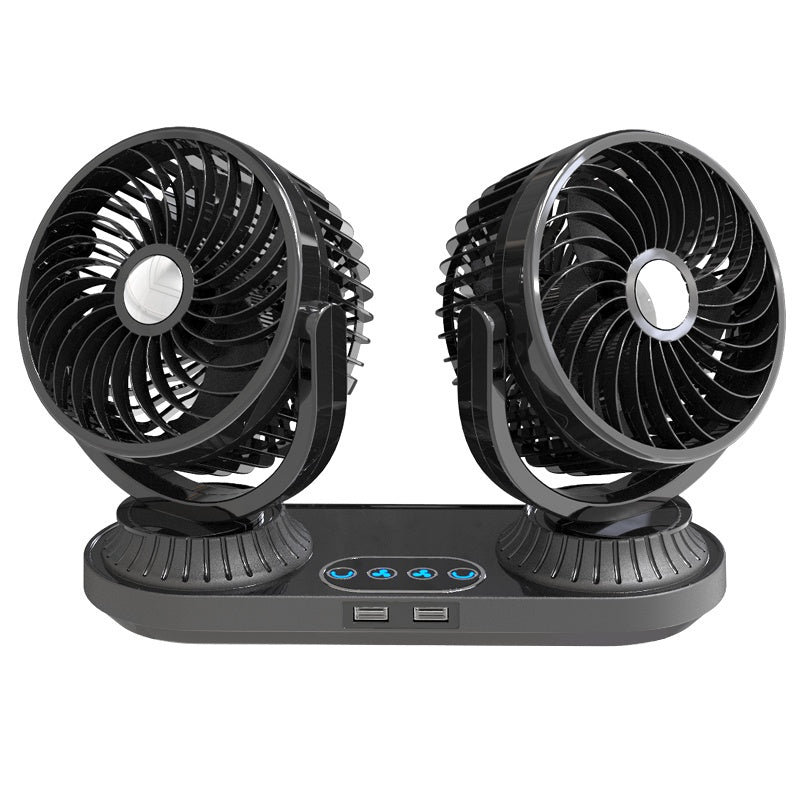 Ventilador de carro com duas cabeças girando 360°, portas USB e controle por toque.