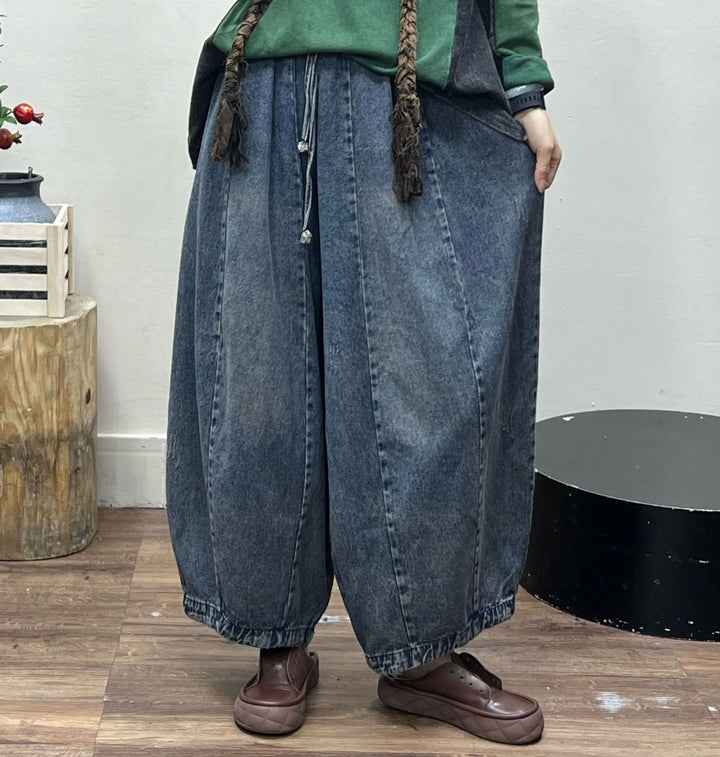 Women's Large Size Retro Denim Elastic Wide-leg Pants