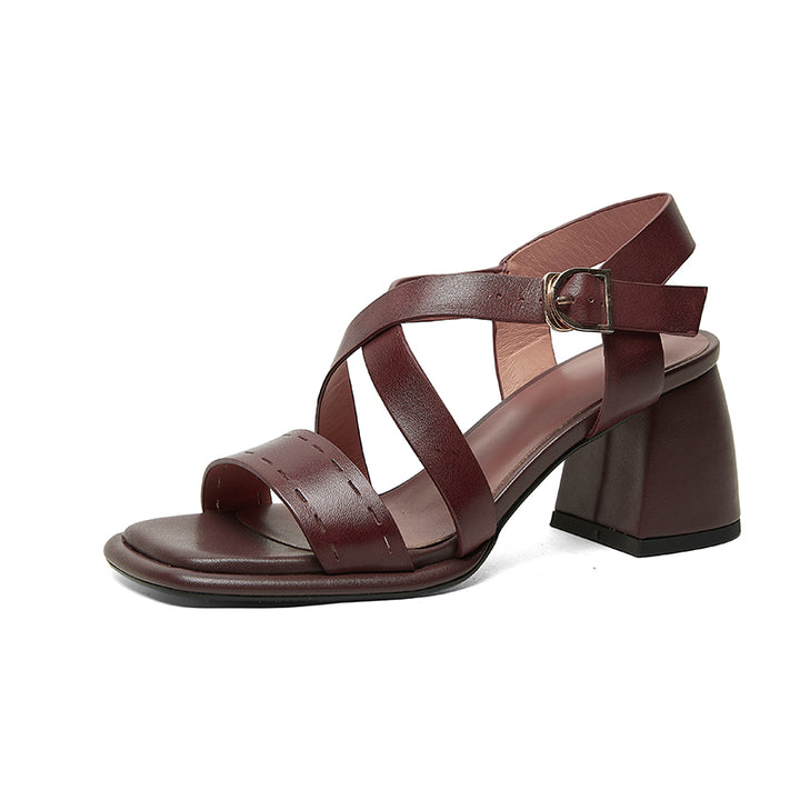 Women's Elegant Leather High-Heel Sandals with Square Heel and Buckle Strap