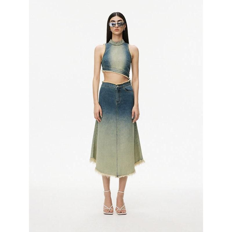 Gradient Blue Asymmetric Denim Grunge Tank Top