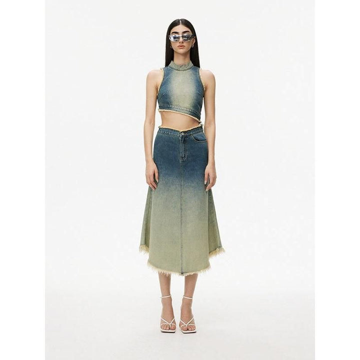 Gradient Blue Asymmetric Denim Grunge Tank Top