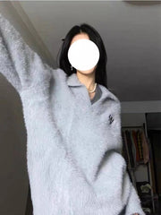 women's soft velvet polo collar sweater grey, view 5 - MRSLM