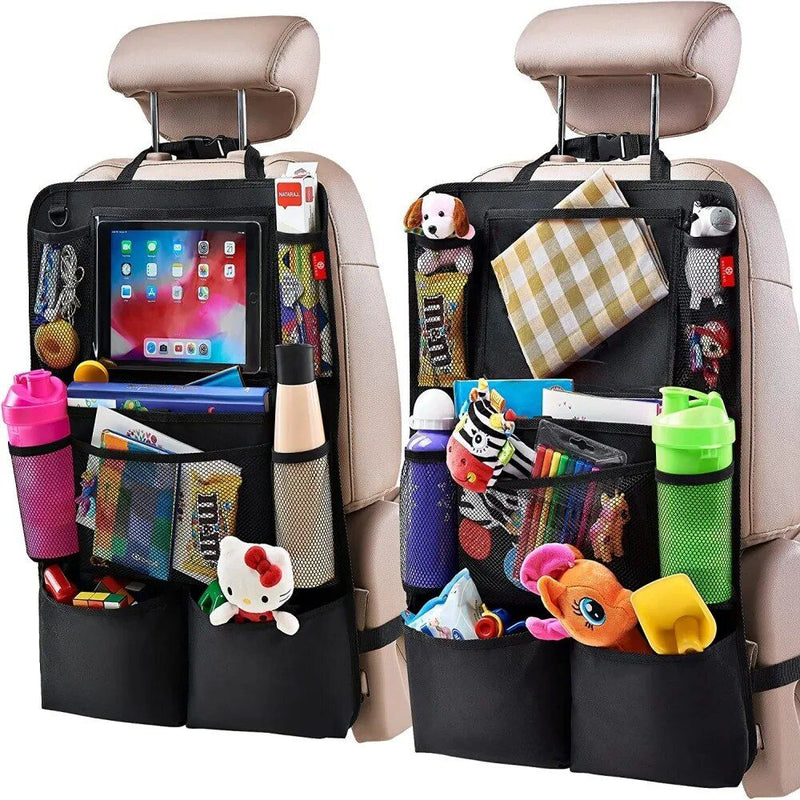 Organizador para banco traseiro com suporte para tablet com tela sensível ao toque e protetor de impacto.