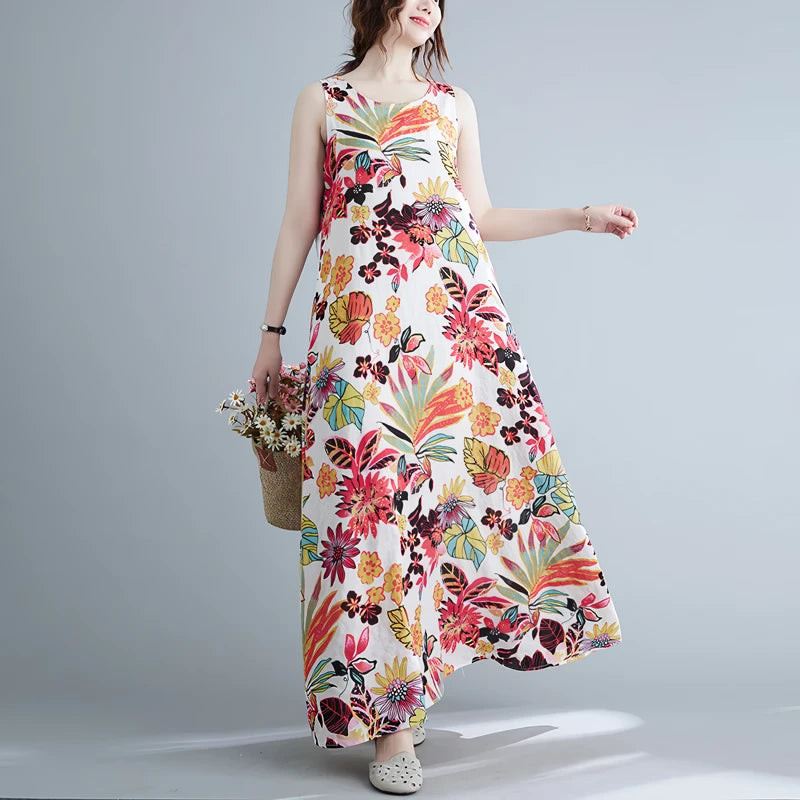 Langes Kleid aus Baumwoll-Leinen-Mischgewebe mit Blumenmuster
