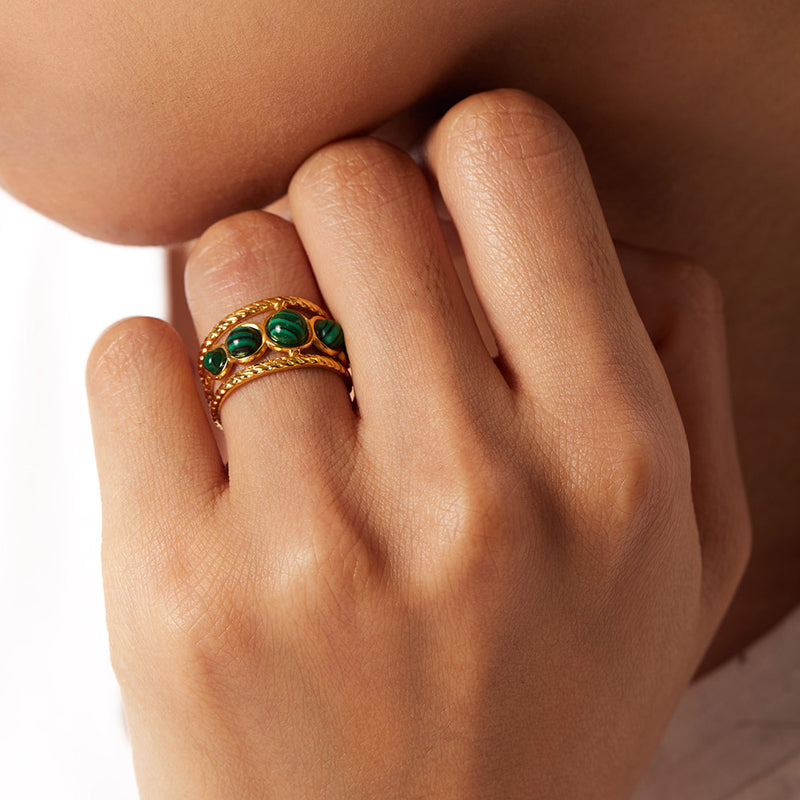 Waterproof Gold Plated Stainless Steel Malachite Ring