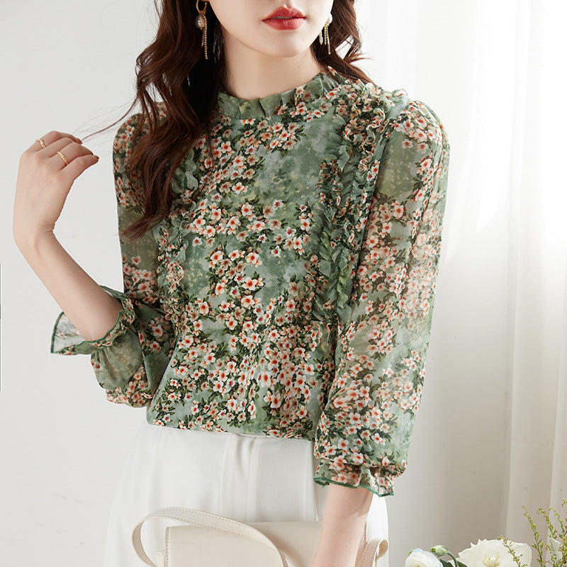 women's printed chiffon ruffle collar blouse, view 6 - MRSLM