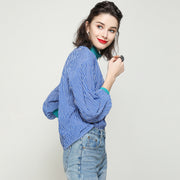striped lantern sleeve ribbed blouse, view 4 - MRSLM