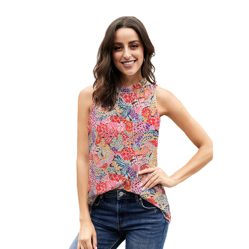 Floral Print Pullover Vest For Women Summer Round Neck Sleeveless Ruffle Top Women