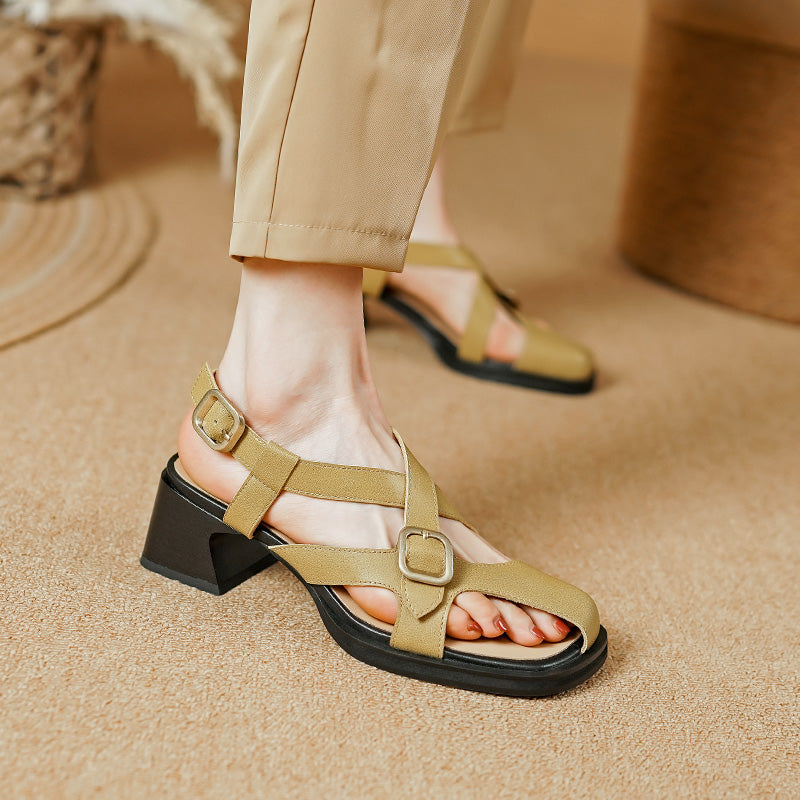 Summer Retro Square Heel Leather Sandals for Women