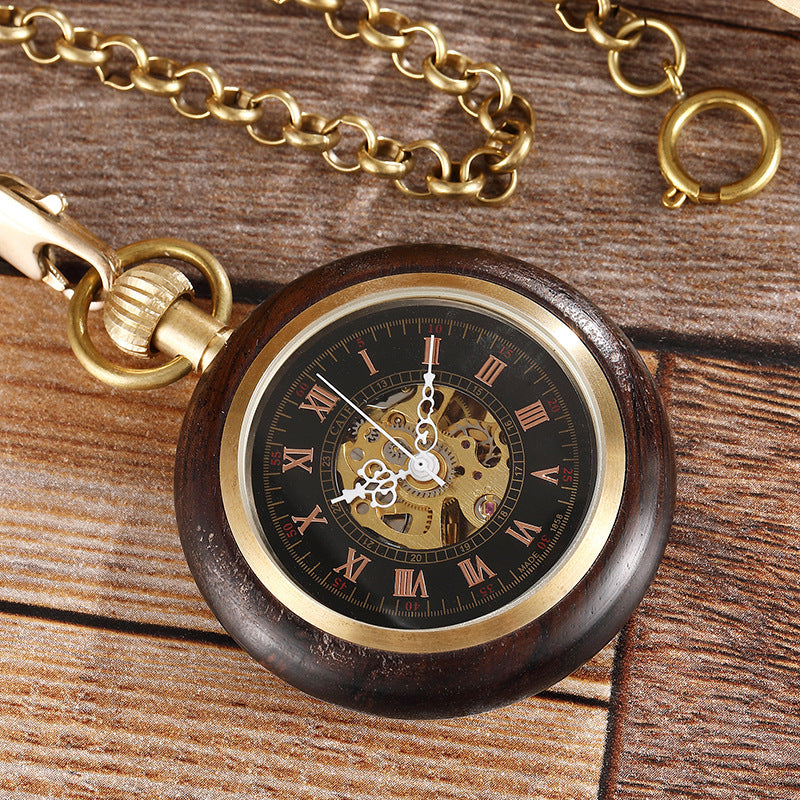 Red Copper Wood Roman Scale Retro Mechanical Pocket Watch