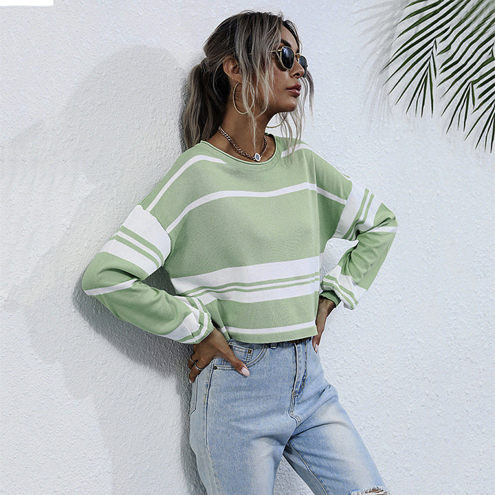 Crew-neck Striped Bottomed Knit Sweater For Women