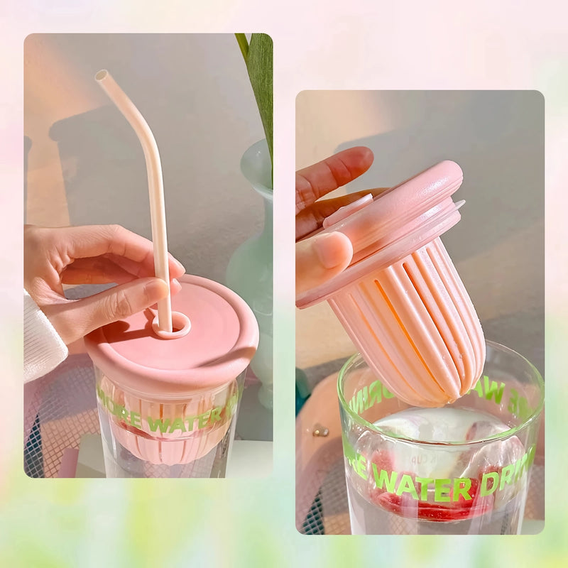 Cute glass cup with lid and straw, view 7 - MRSLM