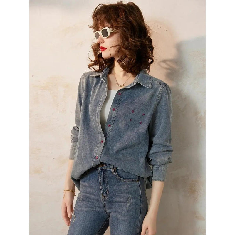 spring casual denim shirt with embroidery, view 5 - MRSLM