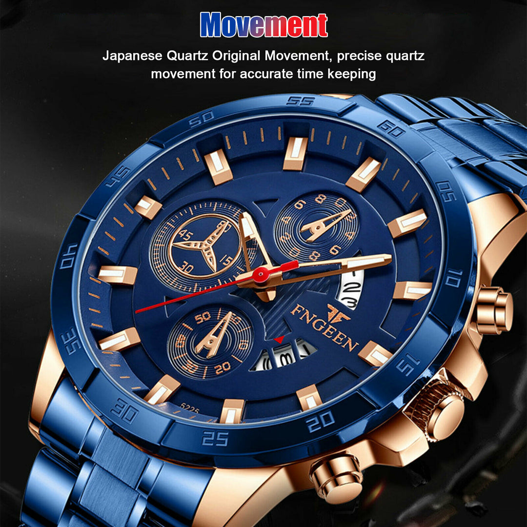 Men's Watch Stainless Steel Quartz Classic Business Wristwatch For Men - Blue