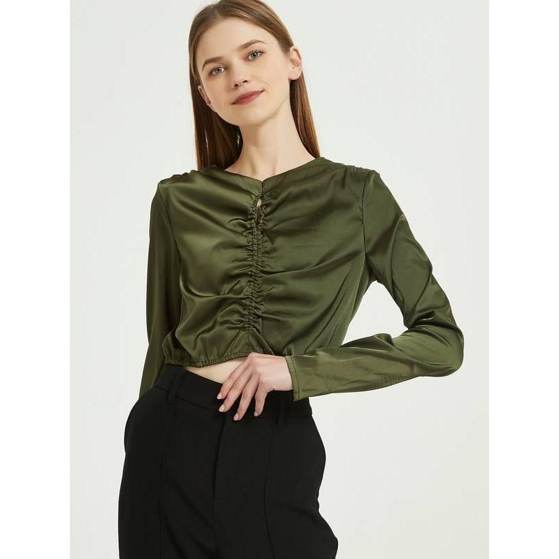 Elegante grüne Seidenchiffonbluse mit langen Ärmeln