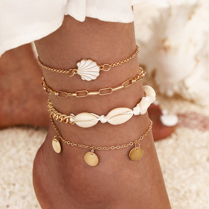 Boho Shell Charm and Crushed Stone Anklet Set