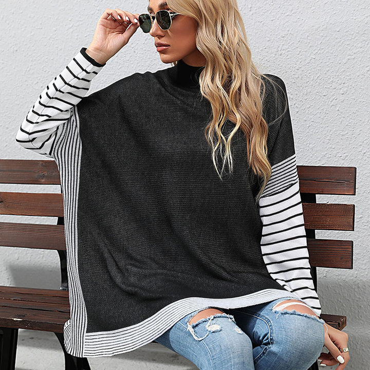 New Women's Bat Sleeve Stripe Half High Neck Sweater