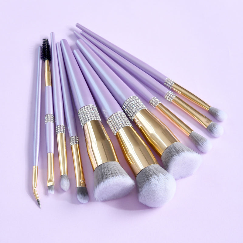 10-teiliges Set lila Make-up-Pinsel mit Diamanten