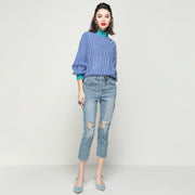 striped lantern sleeve ribbed blouse, view 5 - MRSLM