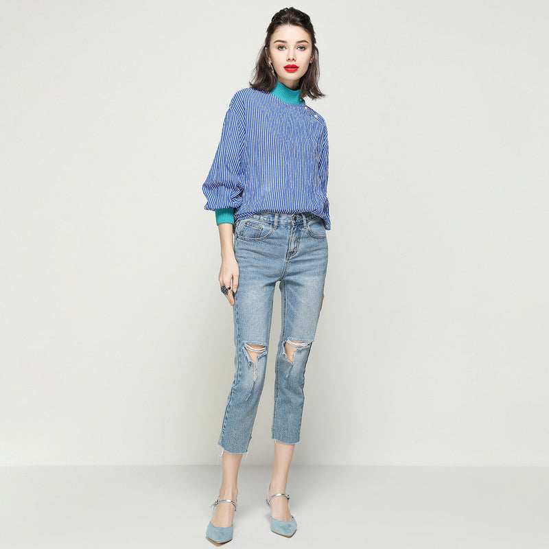 striped lantern sleeve ribbed blouse, view 5 - MRSLM