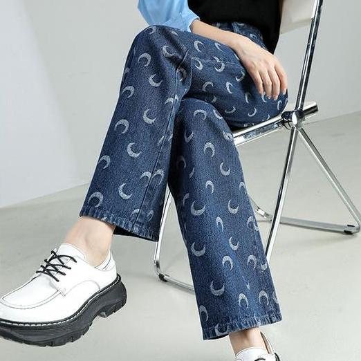 Women's High-Waist Moon Print Baggy Jeans: Casual Vintage-Inspired Denim