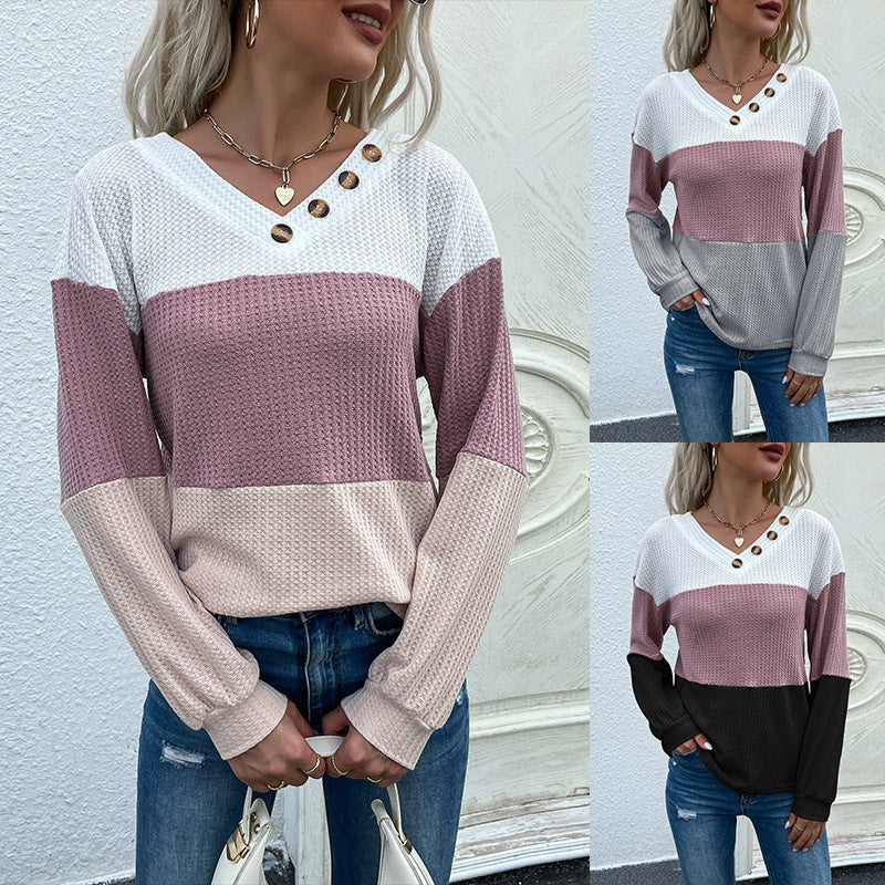 Pullover Color Blocking V-neck Waffle Knit For Women