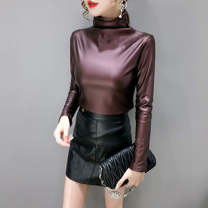 Autumn And Winter Fleece-lined Thick Leather Coat Turtleneck Bottoming Shirt For Women