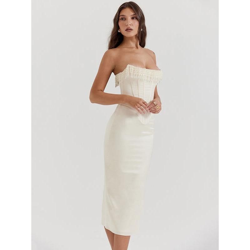off-shoulder pearl tassel midi dress, view 6 - MRSLM