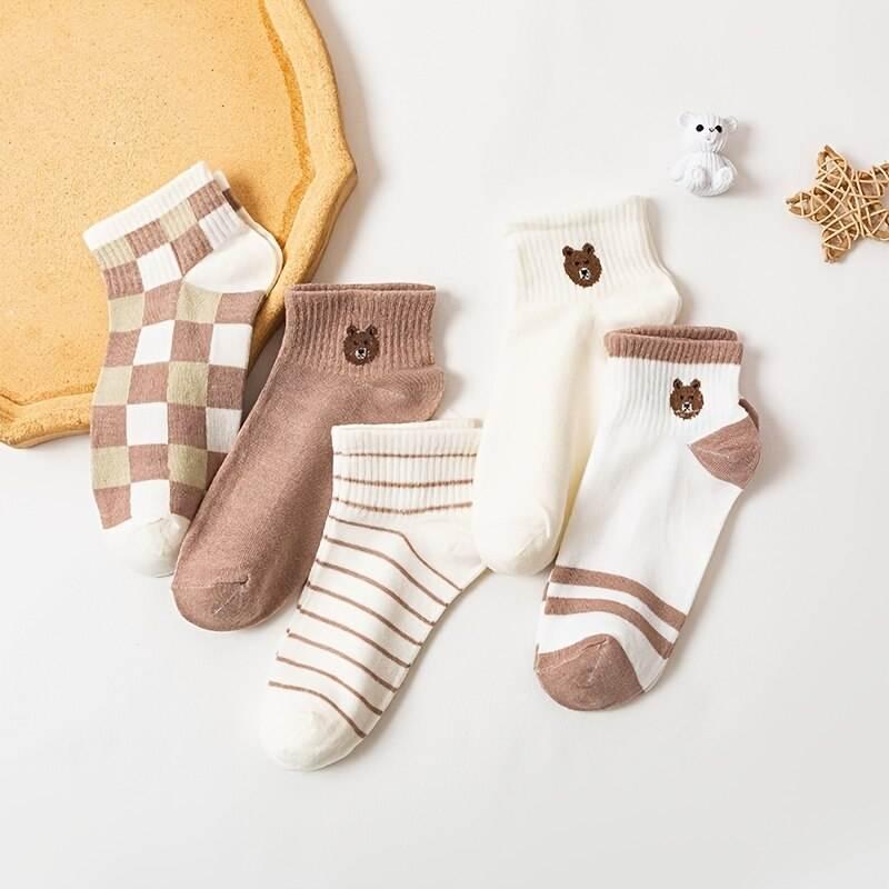 5 Paar niedliche Teddybär-Knöchelsocken – bequeme kurze Socken