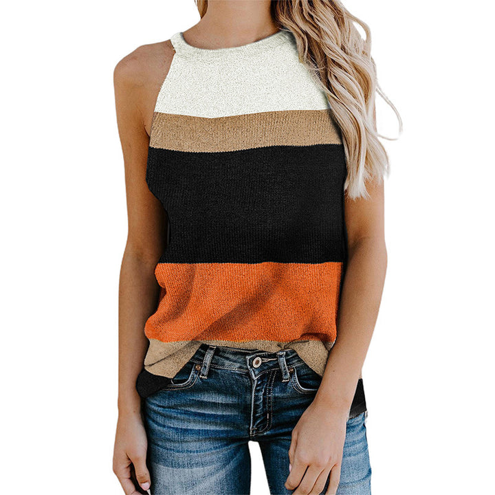 Women's Knitted Outer Vest Waist Trimming Casual Contrast Color Sleeveless