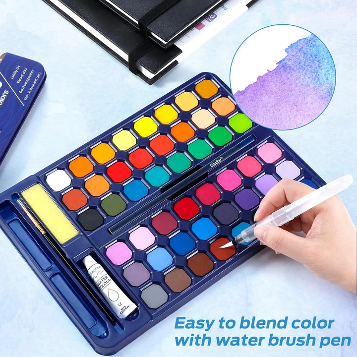 48 Color Solid Watercolor Paint Set - Portable Brush Pens for Artists