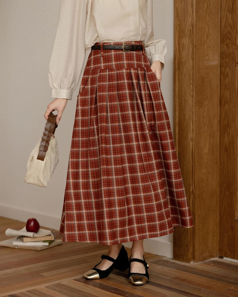 red plaid pleated midi skirt, view 2 - MRSLM