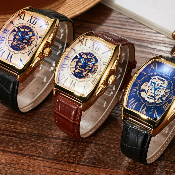 Mechanische Herrenuhr im Weinfass-Design, quadratisch, hohl, transparenter Boden