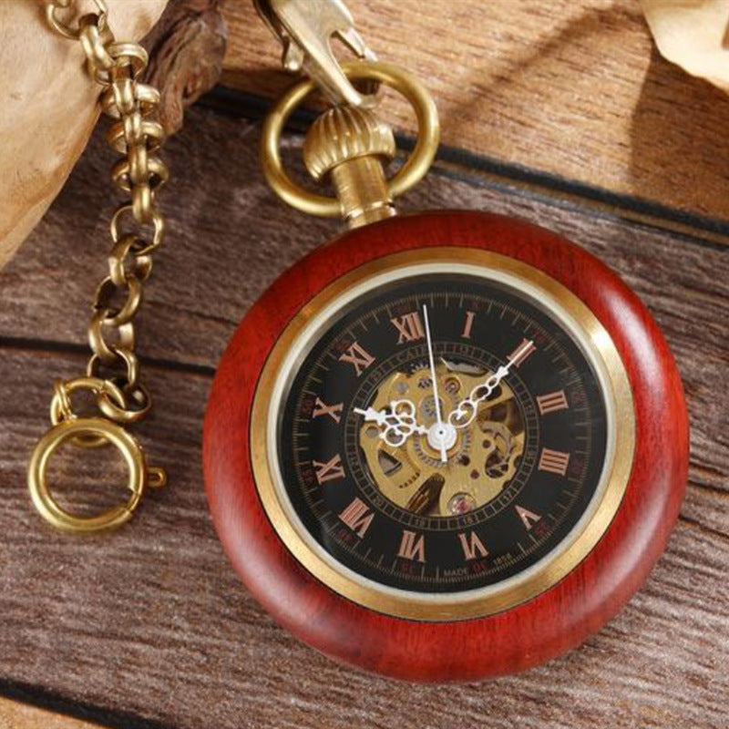 Red Copper Wood Roman Scale Retro Mechanical Pocket Watch