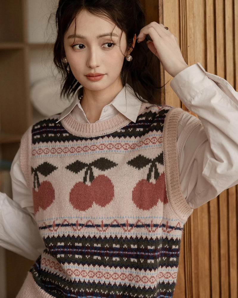 Ärmellose Strickweste im Vintage-Stil mit Kirschjacquard-Muster