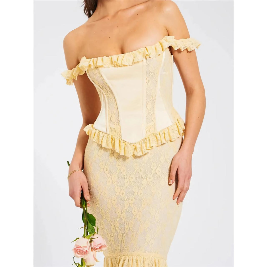 Yellow Satin Off-Shoulder Lace Corset Maxi Dress – Elegant Backless Bodycon Gown for Party