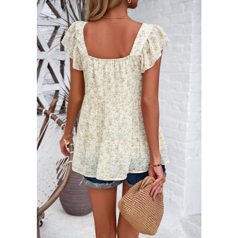 floral square neck ruffled top, view 20 - MRSLM