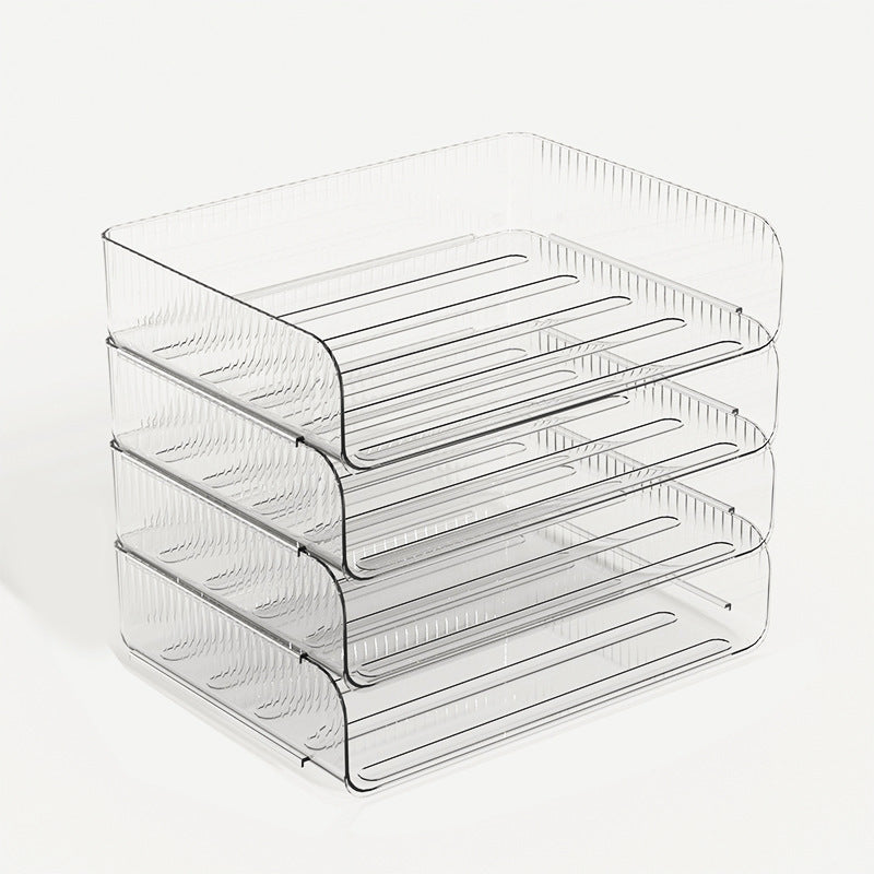 Organizador de mesa transparente e empilhável para materiais de escritório.