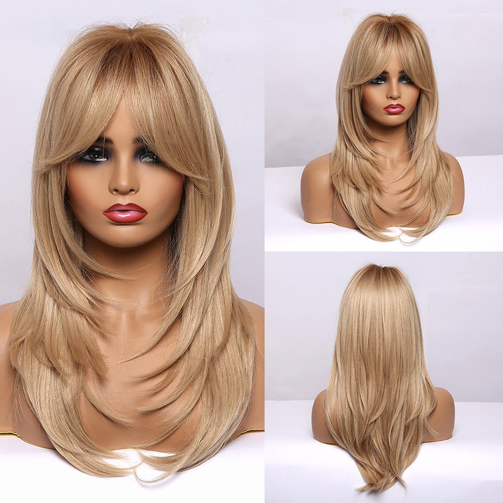 Gradient Gold Black Brown Mid-length Straight Hair Wig