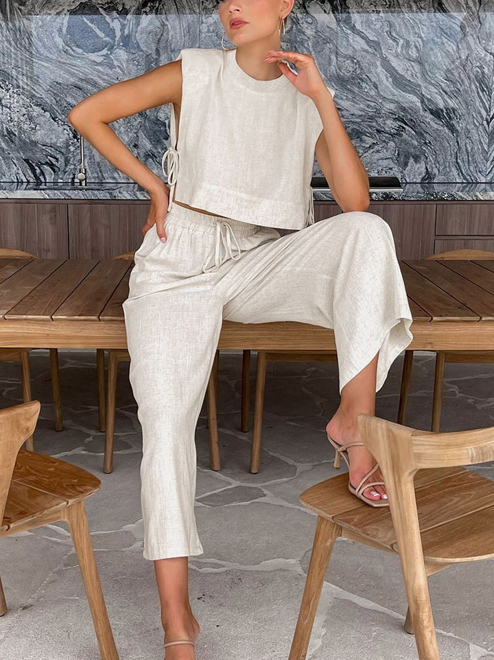 Sleeveless Top And Trousers Fashion Cotton And Linen Suit Women's Clothing
