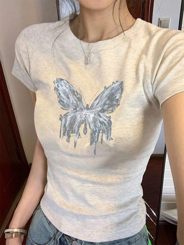 Butterfly Print Short Sleeve Shoulder Women's Summer