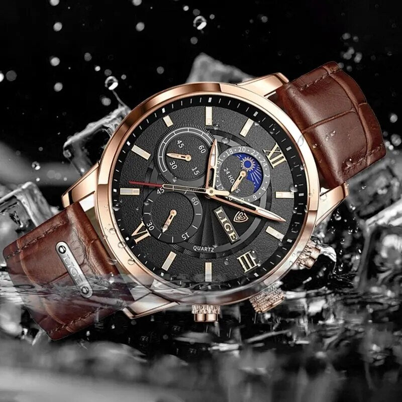 men's leather quartz watch, view 10 - MRSLM