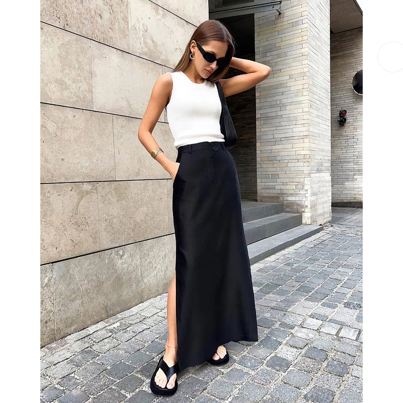 black ankle-length a-line skirt with pockets, view 2 - MRSLM