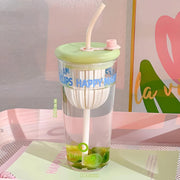 Cute glass cup with lid and straw, view 2 - MRSLM