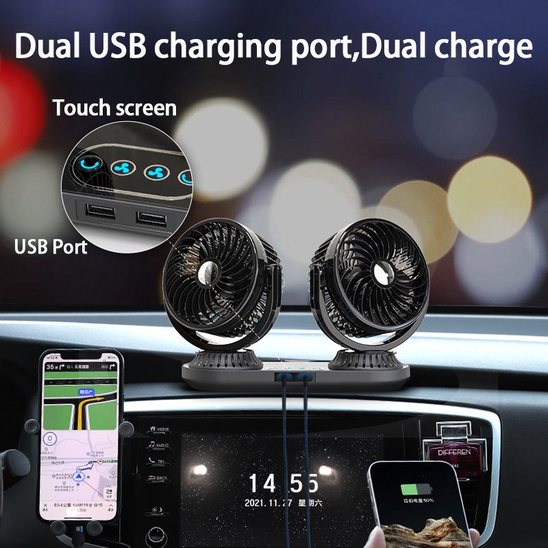 Ventilador de carro com duas cabeças girando 360°, portas USB e controle por toque.