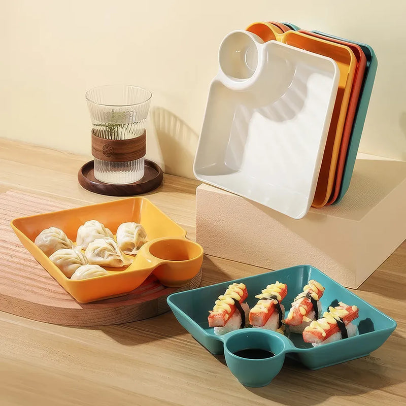 Square snack platter with sauce compartment, view 9 - MRSLM