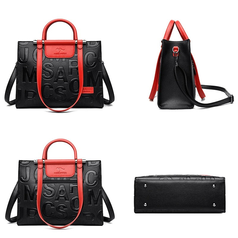 large soft leather tote with embossed lettering, view 8 - MRSLM