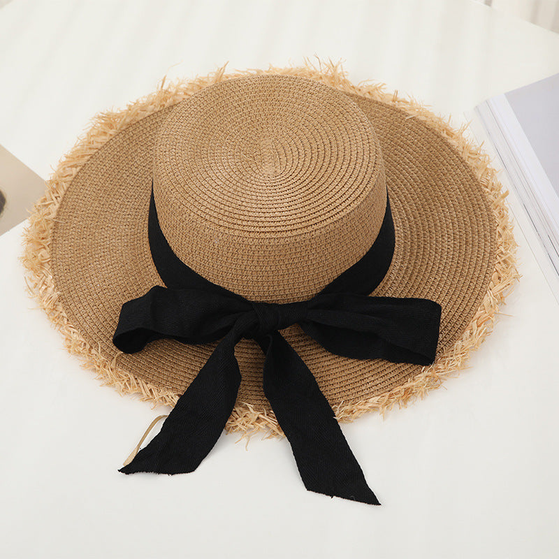 flat top straw sun hat with bowknot, view 3 - MRSLM