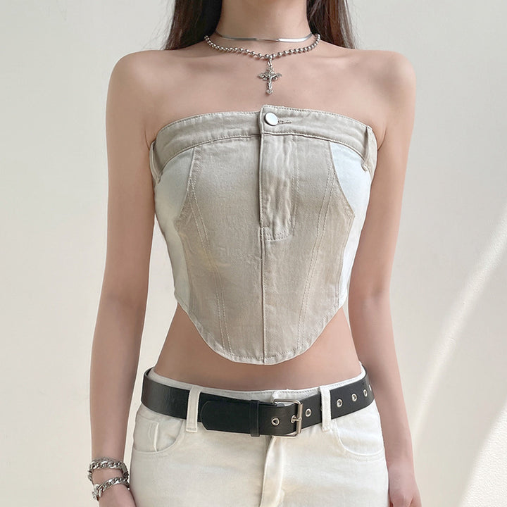 Casual Contrast Color Button Off-neck Beauty Back Denim Tube Top